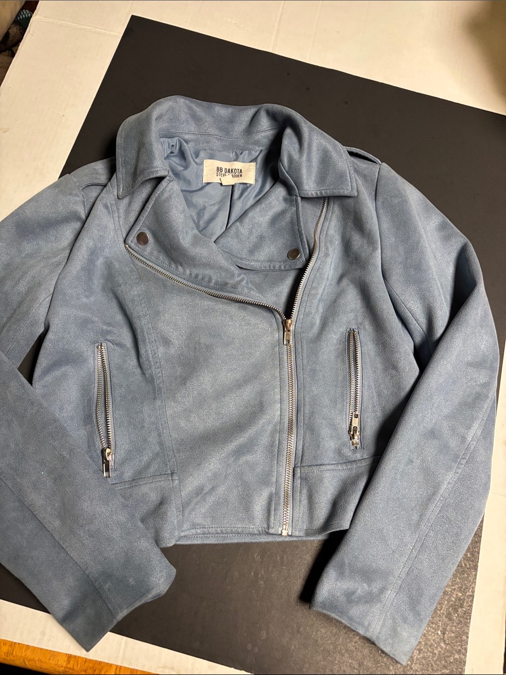 BB Dakota Dusty Blue Suede-Style Moto Jacket